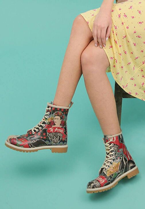 Kadın Vegan Deri Yeşil Uzun Bot - Te Amo Frida Kahlo Tasarım - Görsel 4