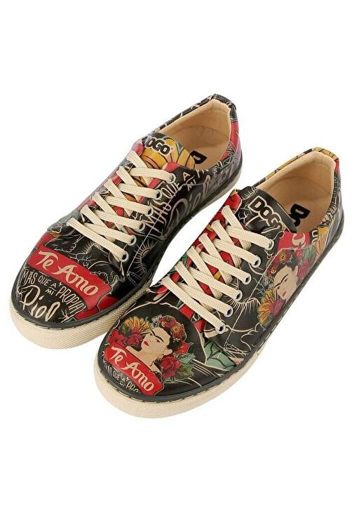 Kadın Vegan Deri Siyah Sneakers - Te Amo Frida Kahlo Tasarım - Görsel 2