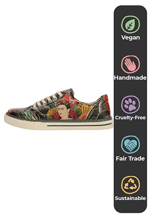 Kadın Vegan Deri Siyah Sneakers - Te Amo Frida Kahlo Tasarım - Görsel 5