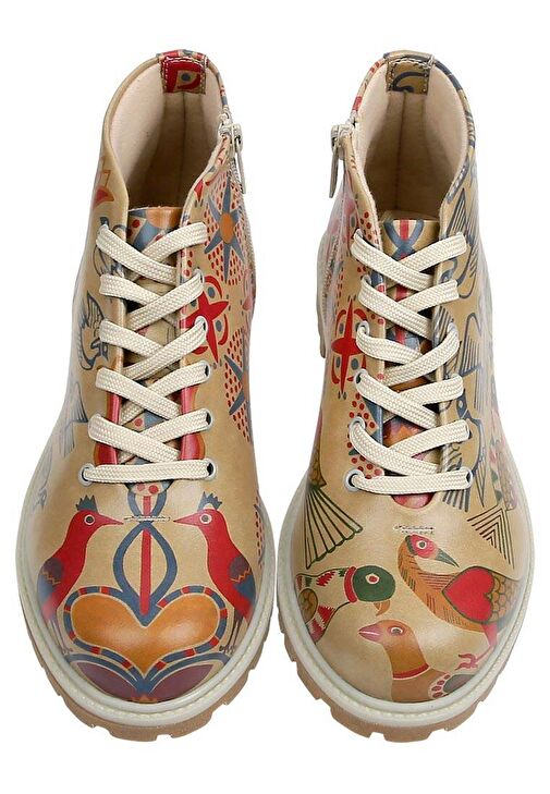 Kadın Vegan Deri Bej Fermuarlı Kısa Bot - Love Birds Tasarım - Görsel 3