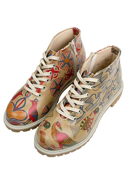 Kadın Vegan Deri Bej Fermuarlı Kısa Bot - Love Birds Tasarım - Görsel 4