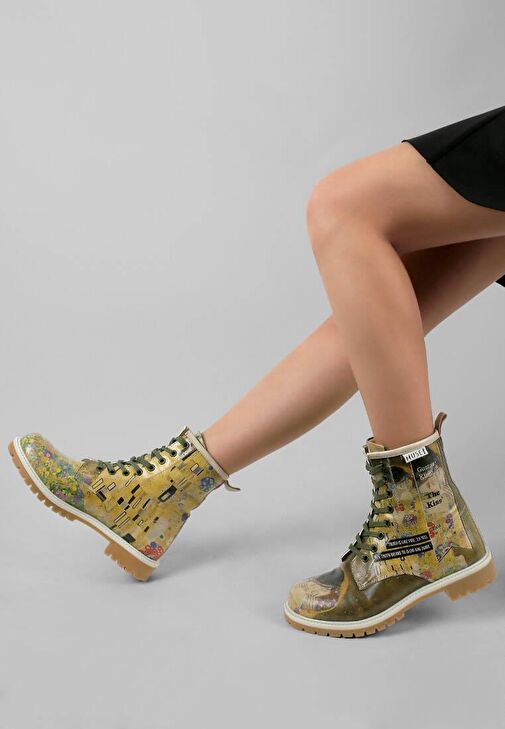 Kadın Vegan Deri Çok Renkli Uzun Bot - Gustav Klimt The Kiss Muse Tasarım - Görsel 4