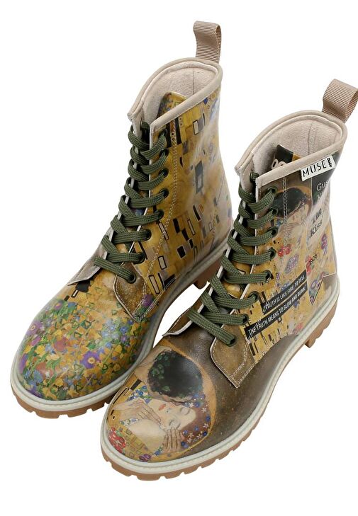 Kadın Vegan Deri Çok Renkli Uzun Bot - Gustav Klimt The Kiss Muse Tasarım - Görsel 6