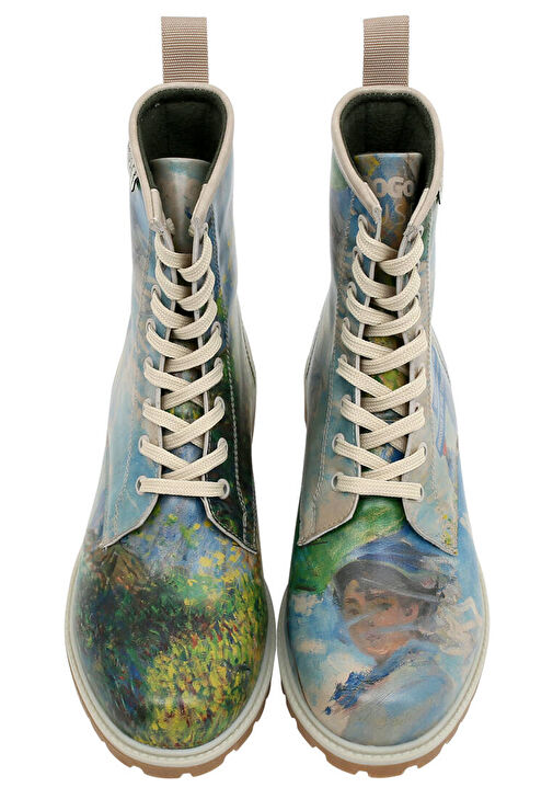 Kadın Vegan Deri Mavi Uzun Bot - Claude Monet Woman With a Parasol Muse Tasarım - Görsel 3