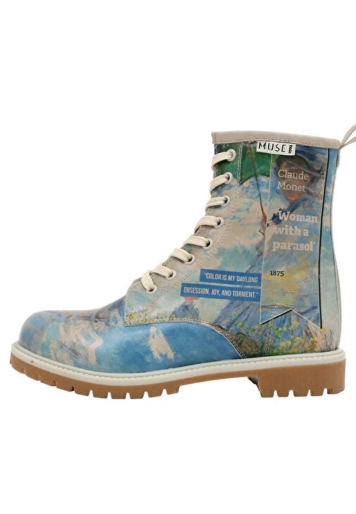 Kadın Vegan Deri Mavi Uzun Bot - Claude Monet Woman With a Parasol Muse Tasarım - Görsel 4