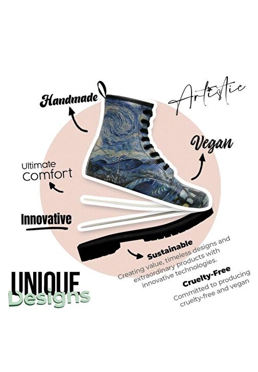 Kadın Vegan Deri Mavi Uzun Bot - Vincent van Gogh The Starry Night Collage Muse Tasarım - Görsel 7