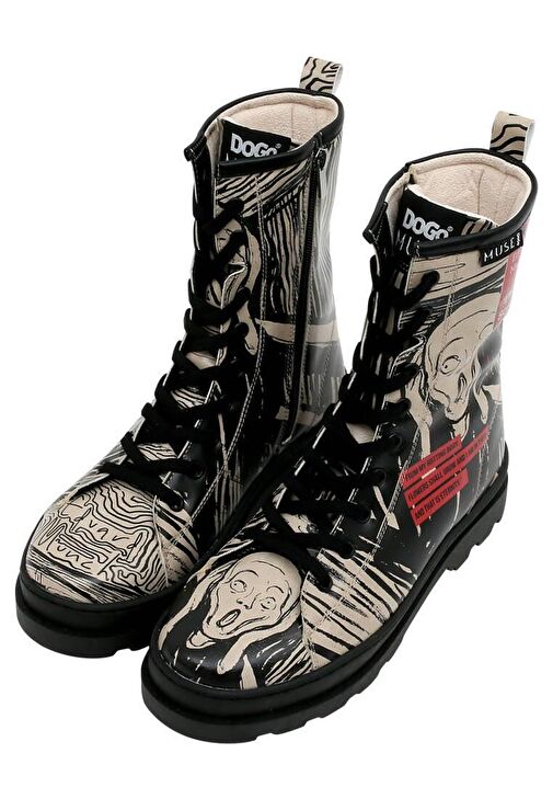 Kadın Vegan Deri Siyah Fermuarlı Uzun Bot - Edvard Munch The Scream Muse Tasarım - Görsel 3