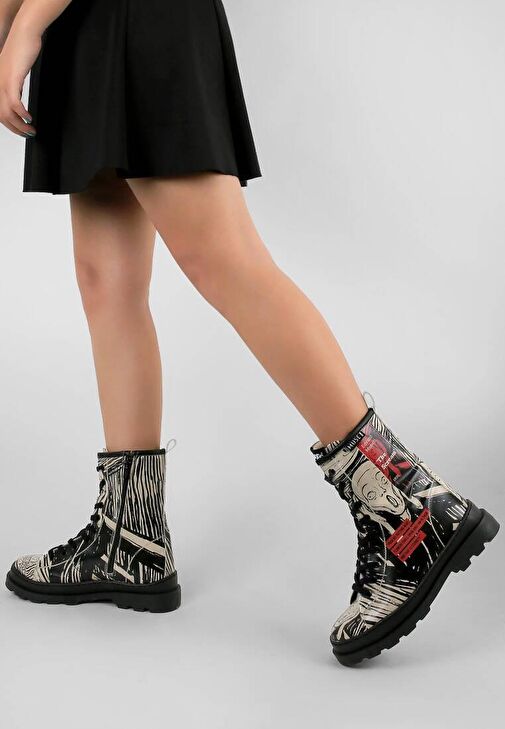 Kadın Vegan Deri Siyah Fermuarlı Uzun Bot - Edvard Munch The Scream Muse Tasarım - Görsel 9