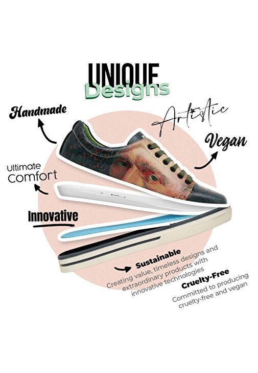 Kadın Vegan Deri Yeşil Sneakers - Vincent van Gogh Self Portrait Muse Tasarım - Görsel 9