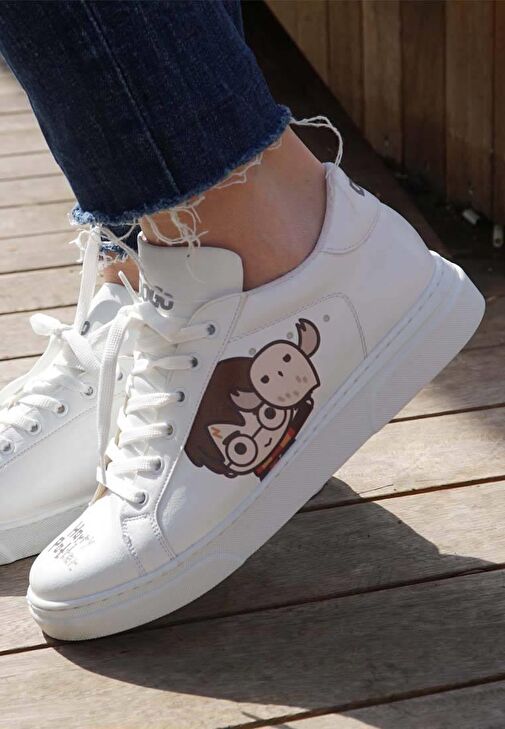 Kadın Vegan Deri Beyaz Sneakers - Friends Till Eternity Harry Potter Tasarım - Görsel 3
