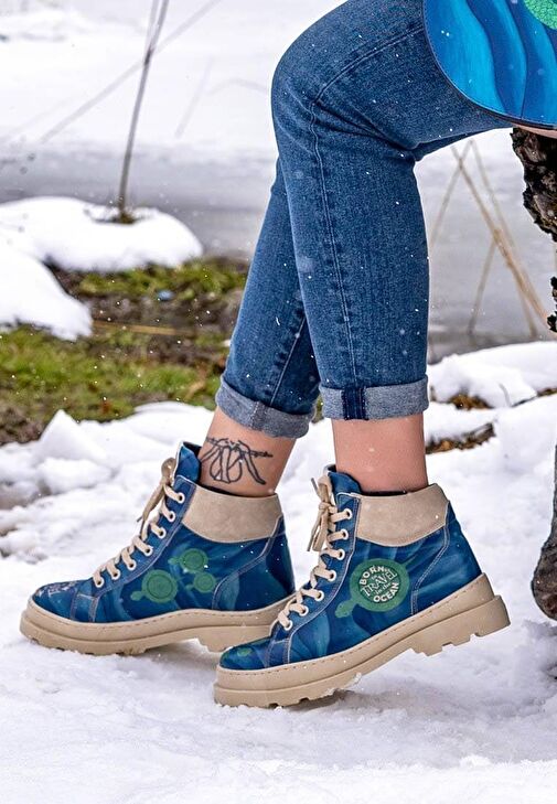 Kadın Vegan Deri Mavi Bot - Born to Travel in the Ocean Tasarım - Görsel 3