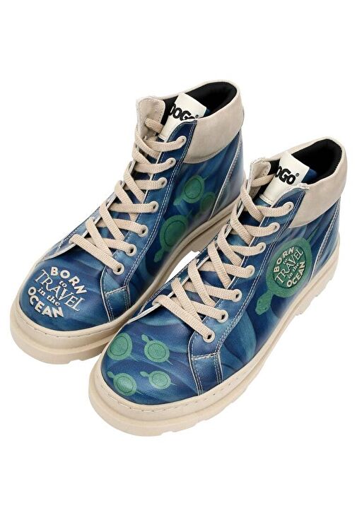 Kadın Vegan Deri Mavi Bot - Born to Travel in the Ocean Tasarım - Görsel 4