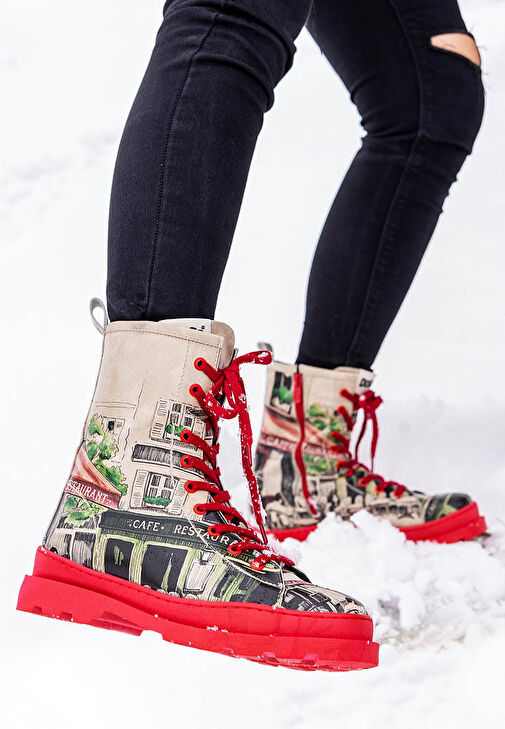 Kadın Vegan Deri Kırmızı Fermuarlı Uzun Bot - La Vie Parisienne Tasarım - Görsel 3