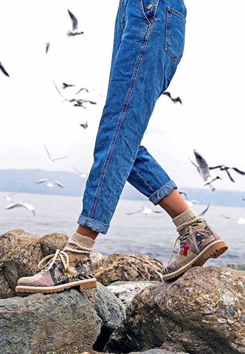 Kadın Vegan Deri Bej Fermuarlı Kısa Bot - Reimagine Tasarım - Görsel 8