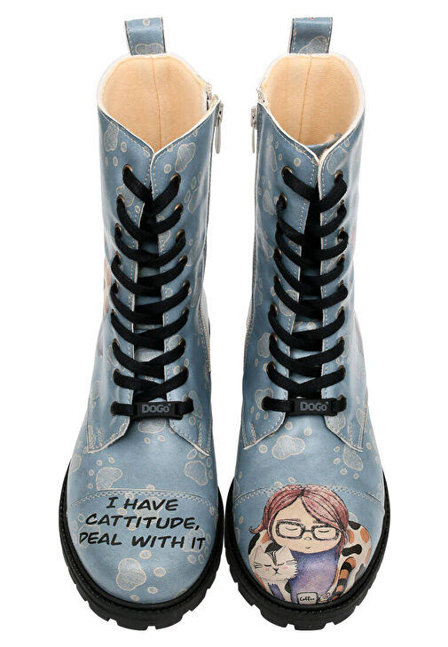 Kadın Vegan Deri Mavi Fermuarlı Uzun Bot - I Have Cattitude Tasarım - Görsel 3