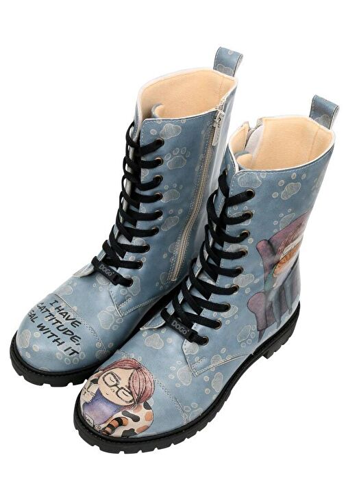 Kadın Vegan Deri Mavi Fermuarlı Uzun Bot - I Have Cattitude Tasarım - Görsel 4