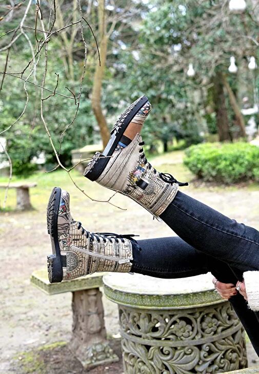 Kadın Vegan Deri Bej Fermuarlı Uzun Bot - Cafe Wien Tasarım - Görsel 6