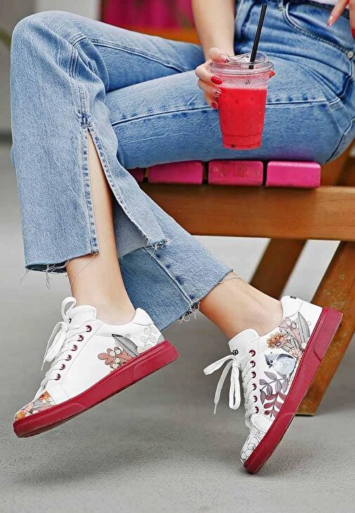 Kadın Vegan Deri Beyaz Sneakers - Magic in the Air Tasarım - Görsel 5