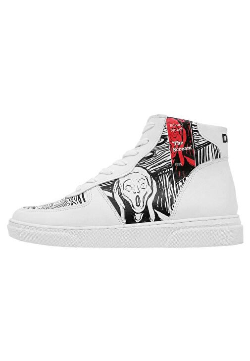 Kadın Vegan Deri Beyaz High Sneakers - Edvard Munch The Scream Muse Tasarım - Görsel 2