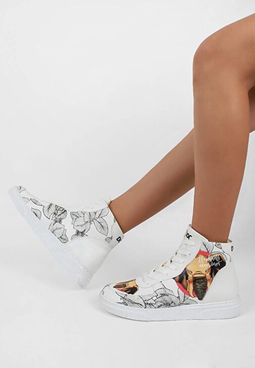 Kadın Vegan Deri Beyaz High Sneakers - Elephants Never Forget Tasarım - Görsel 2