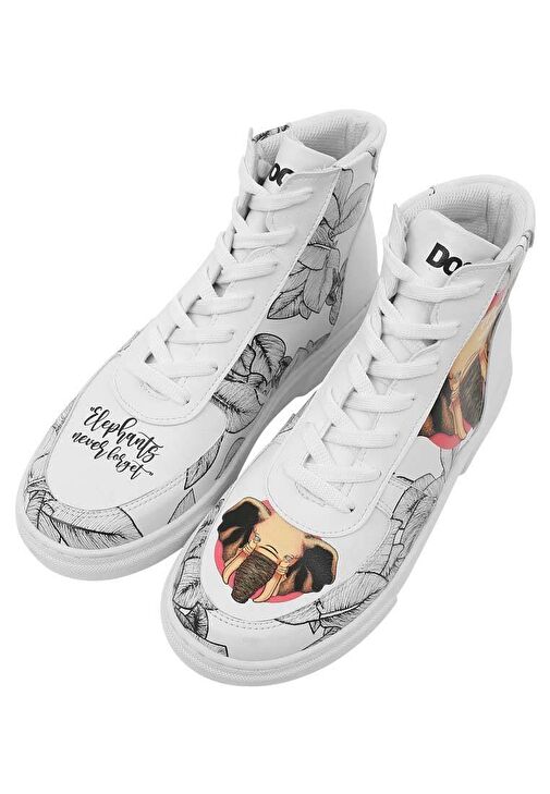 Kadın Vegan Deri Beyaz High Sneakers - Elephants Never Forget Tasarım - Görsel 4