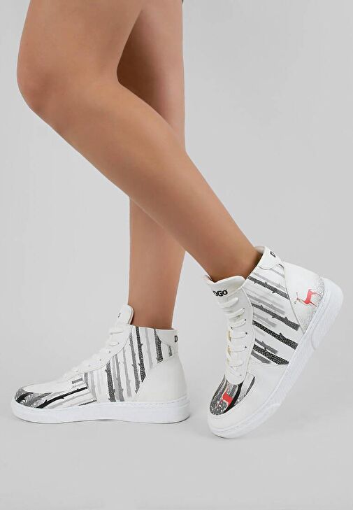 Kadın Vegan Deri Beyaz High Sneakers - You're the Colour of My Life Tasarım - Görsel 2