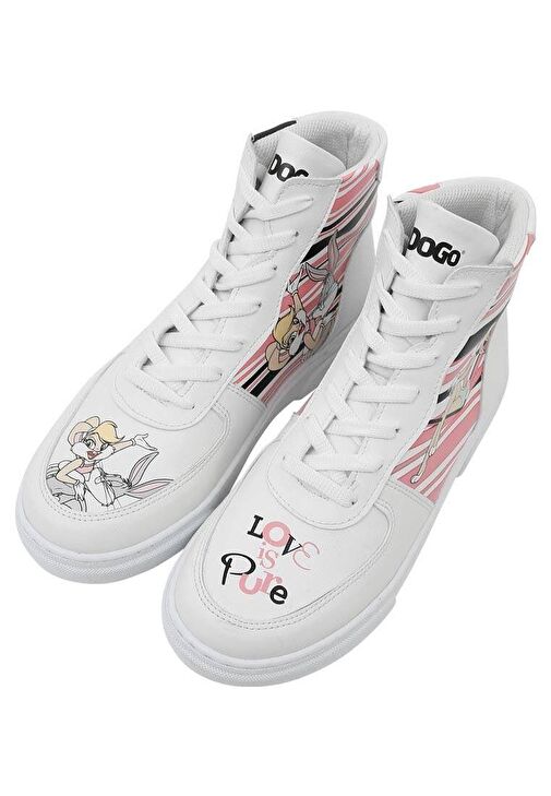 Kadın Vegan Deri Beyaz High Sneakers - Warner Bros Love is Pure Bugs Bunny Tasarım - Görsel 6