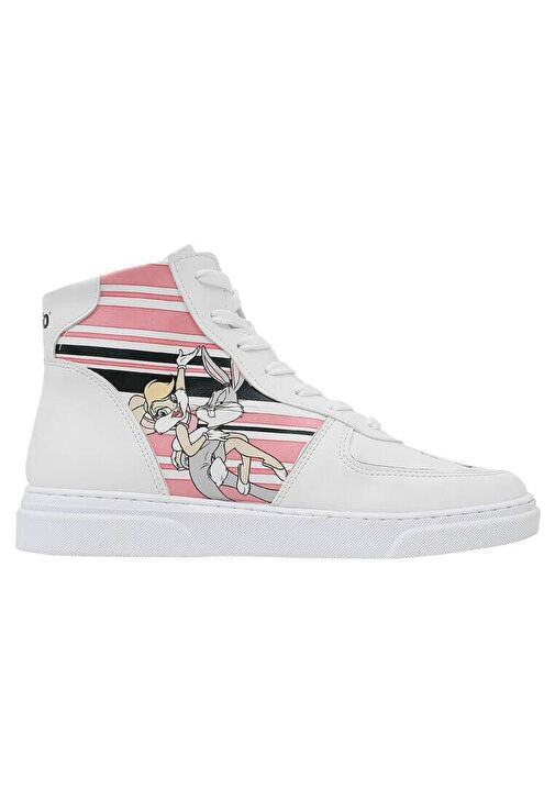 Kadın Vegan Deri Beyaz High Sneakers - Warner Bros Love is Pure Bugs Bunny Tasarım - Görsel 8
