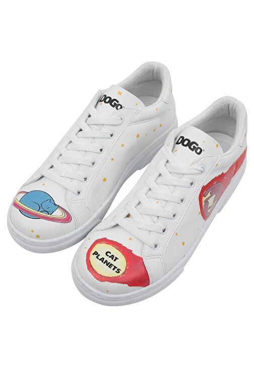 Kadın Vegan Deri Beyaz Sneakers - Cat Planets Tasarım - Görsel 3
