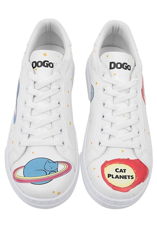 Kadın Vegan Deri Beyaz Sneakers - Cat Planets Tasarım - Görsel 4
