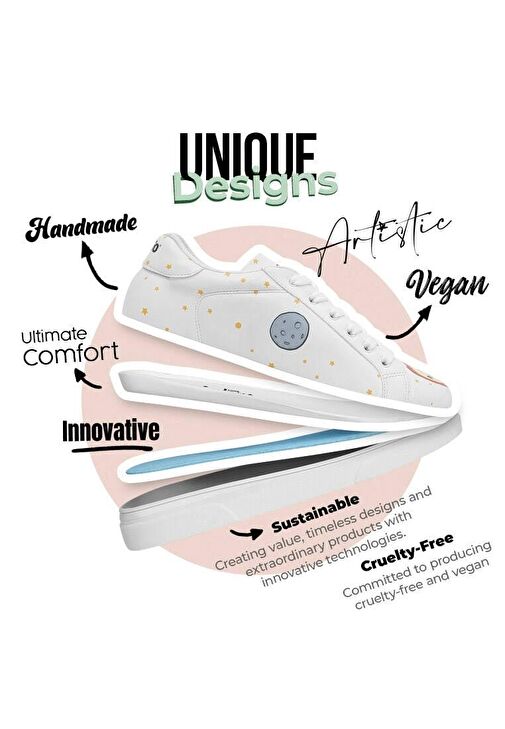 Kadın Vegan Deri Beyaz Sneakers - Cat Planets Tasarım - Görsel 5