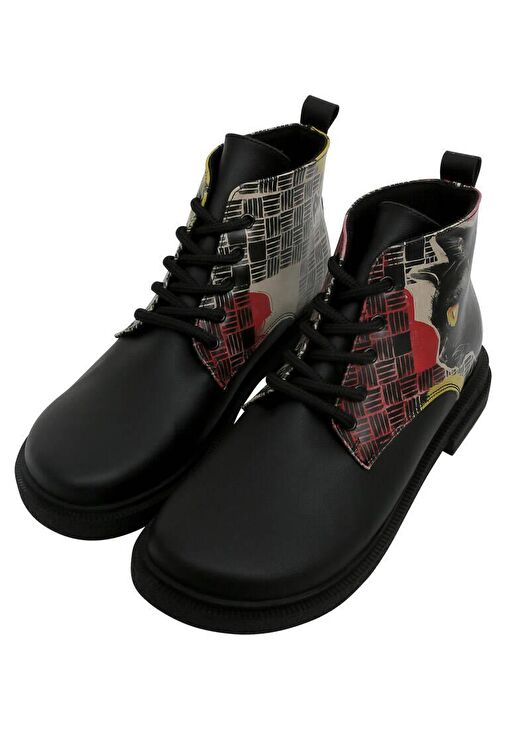 Kadın Vegan Deri Siyah Bilekte Bot - Artsy Cat Collage Tasarım - Görsel 6