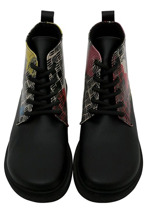 Kadın Vegan Deri Siyah Bilekte Bot - Artsy Cat Collage Tasarım - Görsel 4