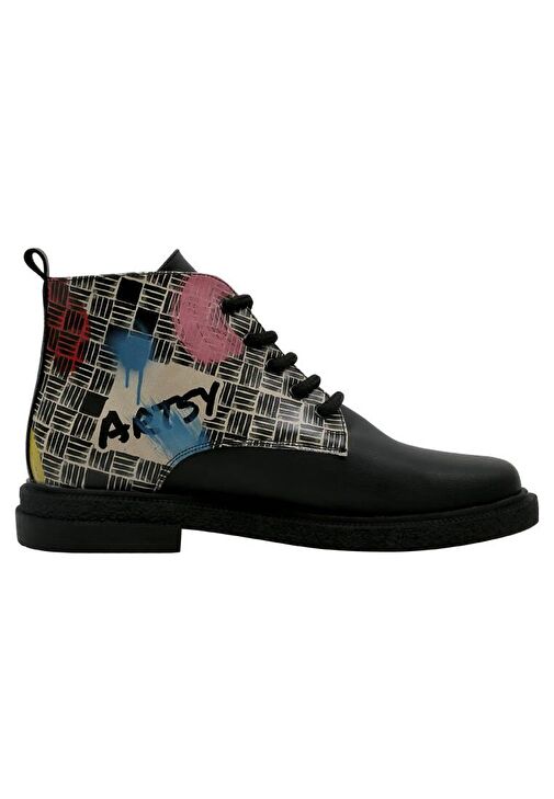 Kadın Vegan Deri Siyah Bilekte Bot - Artsy Cat Collage Tasarım - Görsel 3