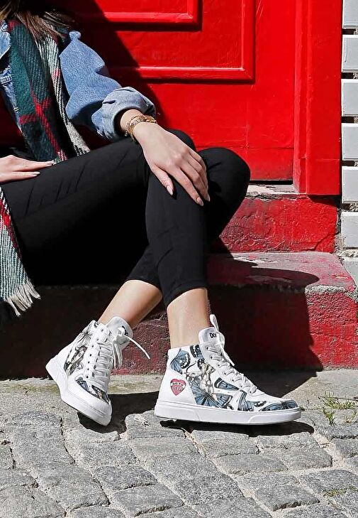 Kadın Vegan Deri Beyaz High Sneakers - Love Me Tasarım - Görsel 3