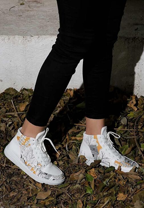 Kadın Vegan Deri Beyaz High Sneakers - There You Are Tasarım - Görsel 3