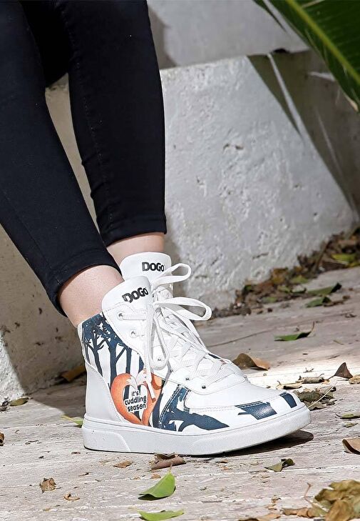 Kadın Vegan Deri Beyaz High Sneakers - Cuddling Season Tasarım - Görsel 2