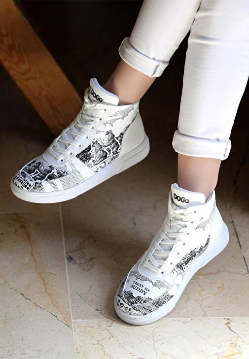 Kadın Vegan Deri Beyaz High Sneakers - Trust Me Buddy Tasarım - Görsel 3