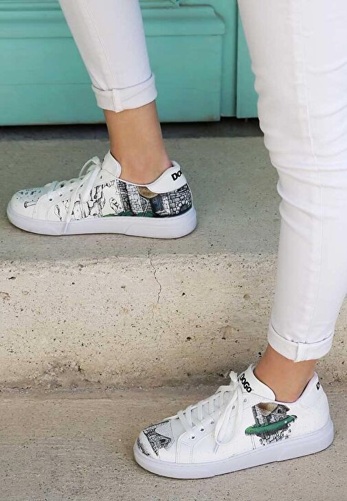 Kadın Vegan Deri Beyaz Günlük Sneakers - Time To Go Tasarım - Görsel 2