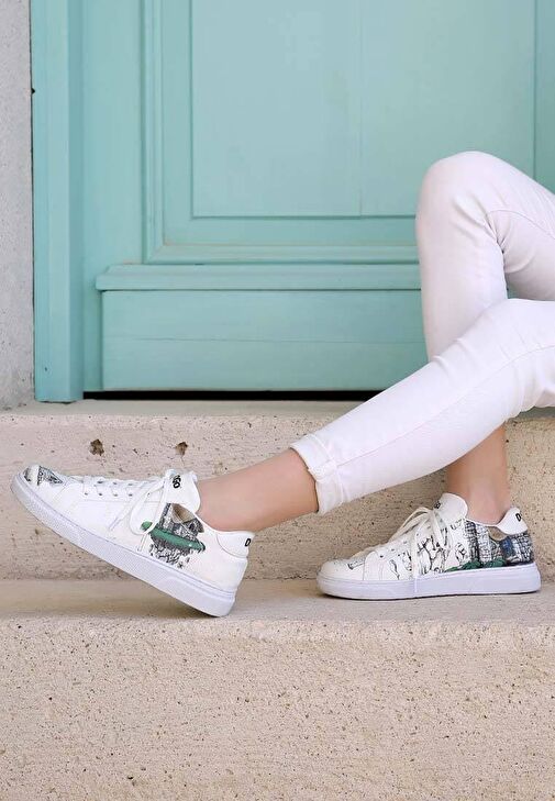 Kadın Vegan Deri Beyaz Günlük Sneakers - Time To Go Tasarım - Görsel 3