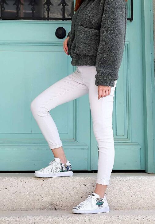 Kadın Vegan Deri Beyaz Günlük Sneakers - Time To Go Tasarım - Görsel 5