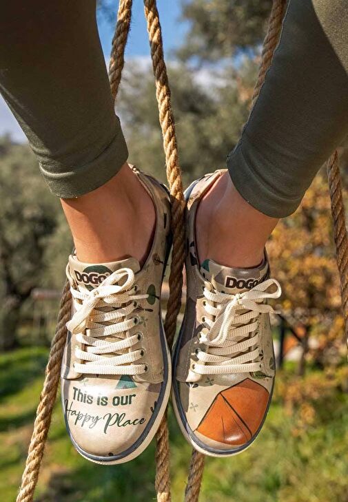 Kadın Vegan Deri Gri Günlük Sneakers - This is Our Happy Place Tasarım - Görsel 2
