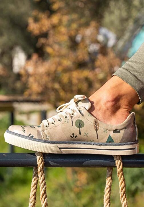 Kadın Vegan Deri Gri Günlük Sneakers - This is Our Happy Place Tasarım - Görsel 9