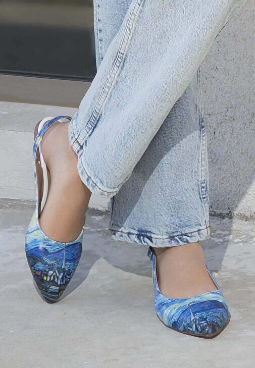 Kadın Vegan Deri Mavi Babet - Vincent Van Gogh the Starry Night Tasarım - Görsel 4