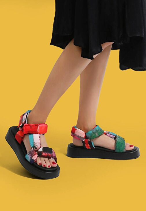 Kadın Vegan Çok Renkli Kalın Taban Sandalet - Grass and Sea Tasarım - Görsel 9