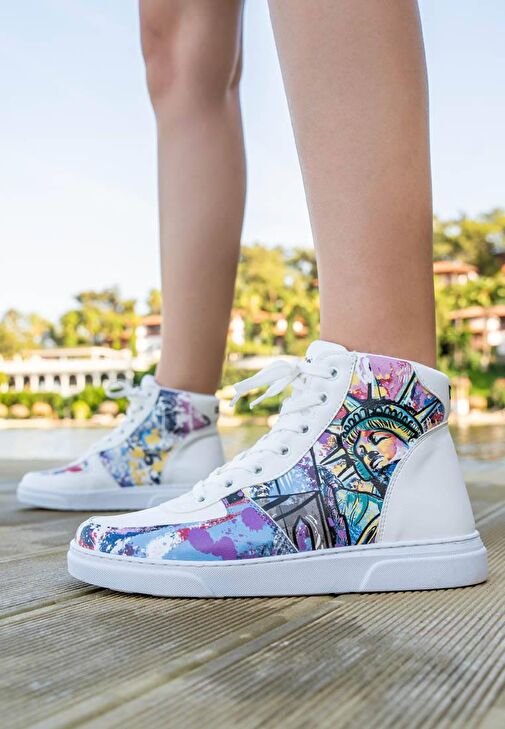 Kadın Vegan Deri Beyaz High Sneakers - New York State of Mind Tasarım - Görsel 2