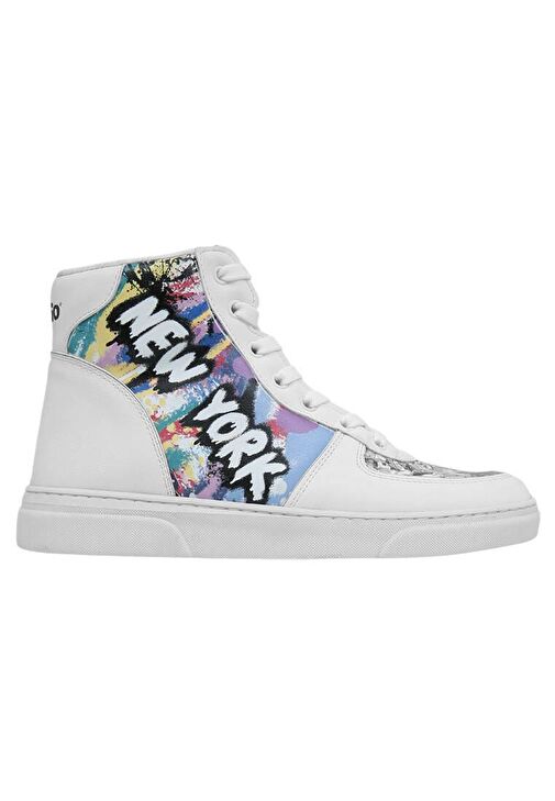 Kadın Vegan Deri Beyaz High Sneakers - New York State of Mind Tasarım - Görsel 8