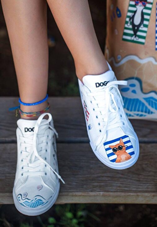 Kadın Vegan Deri Beyaz Sneakers - Cats on the Beach Tasarım - Görsel 2