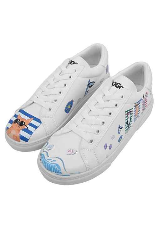 Kadın Vegan Deri Beyaz Sneakers - Cats on the Beach Tasarım - Görsel 6