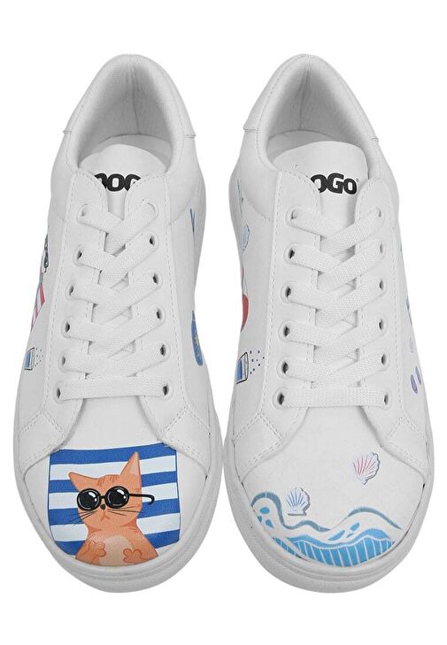 Kadın Vegan Deri Beyaz Sneakers - Cats on the Beach Tasarım - Görsel 7